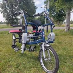 Blauwe tandem-driewieler met rode zittingen op een grasveld