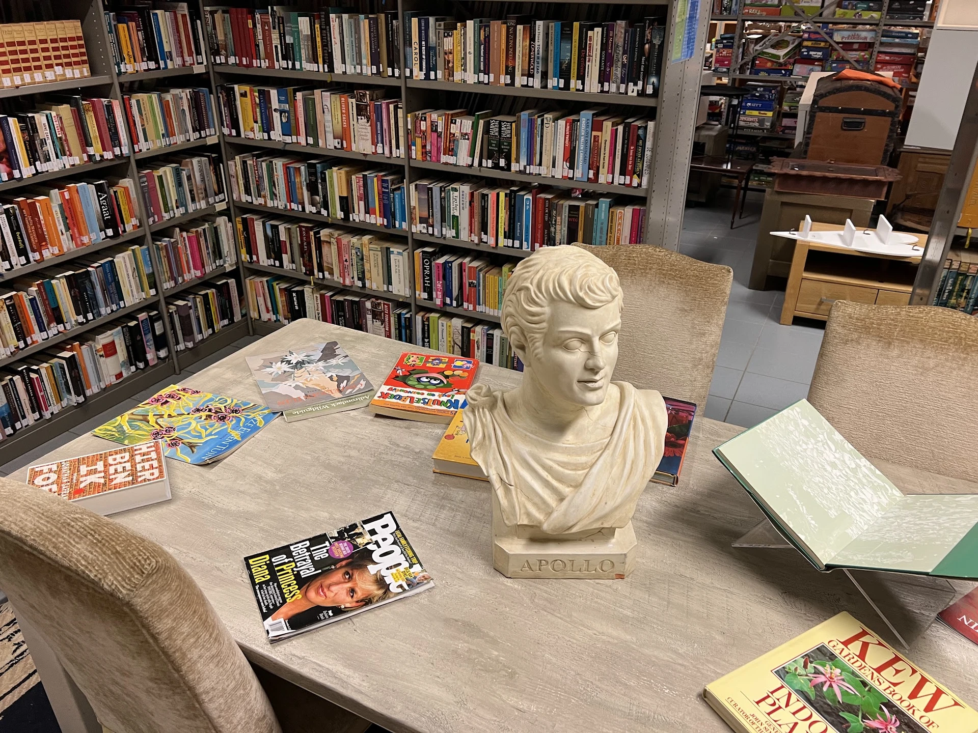 Leesruimte in kringloopwinkel met boekenkasten, tafel met boeken en een wit buste van Apollo