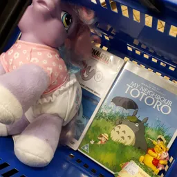 Tweedehands kinderboeken en speelgoed op een blauwe ondergrond