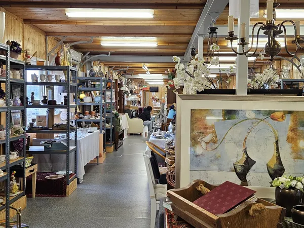 Ruim interieur van kringloopwinkel met stellingen, diverse artikelen, schilderijen, decoraties en hangende voorwerpen