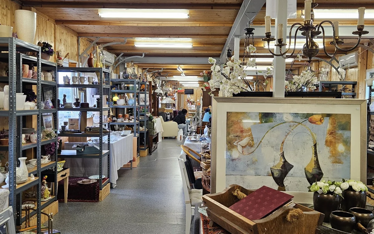 Ruim interieur van kringloopwinkel met stellingen, diverse artikelen, schilderijen, decoraties en hangende voorwerpen