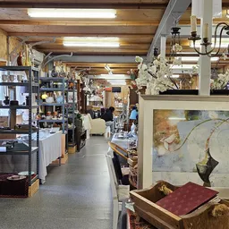 Ruim interieur van kringloopwinkel met stellingen, diverse artikelen, schilderijen, decoraties en hangende voorwerpen