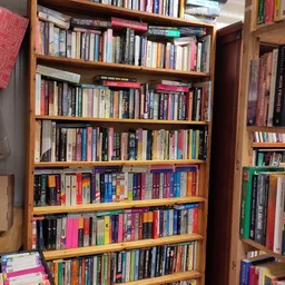 Houten boekenkast met meerdere niveaus vol met tweedehands dvd's, blu-rays en films in kleurrijke doosjes