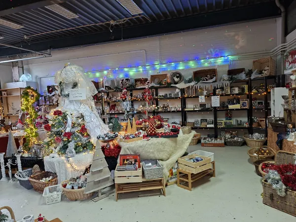 Winkelvloer met kerstdecoratie, uitgestalde gebruiksartikelen op rekken en stellingen, grote witte vogeldecoratie in het midd