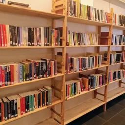 Houten boekenkasten met daarop uitgestalde tweedehands boeken in verschillende genres en kleuren
