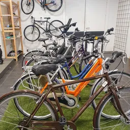 Verzameling tweedehands fietsen in verschillende kleuren en modellen op een groen oppervlak in de winkel