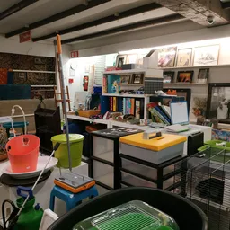 Winkelbinnenkant met werkstafels, stellingen vol boeken, kunst, decoratie en diverse tweedehands spullen