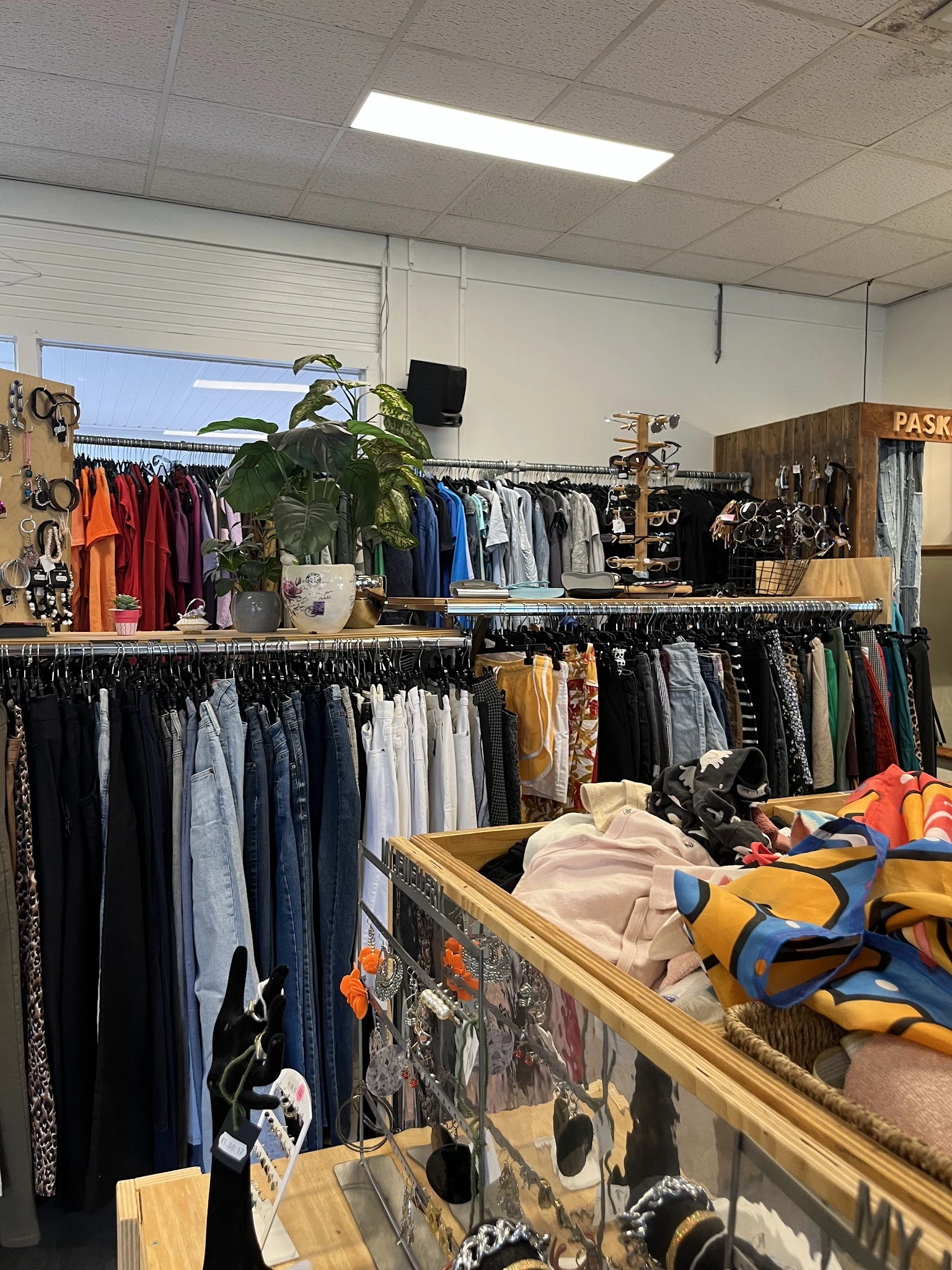 Winkelinterieur met rekken vol tweedehands kleding, een plant op een verhoog, en diverse kledingstukken uitgestald