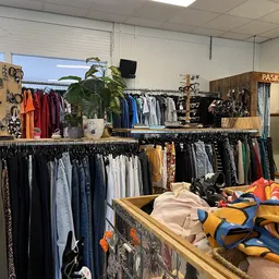 Winkelinterieur met rekken vol tweedehands kleding, een plant op een verhoog, en diverse kledingstukken uitgestald