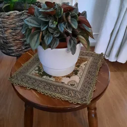 Witte plantenpot met bladplanten op houten tafel met decoratief kleedje