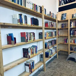 Houten stellingen met tweedehands boeken netjes uitgestald in verschillende vakken
