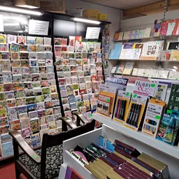 Uitgebreide collectie ansichtkaarten en kaarten op displayborden en schappen in de winkel