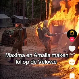 Schermafbeelding van een meme met soldaten en vlammen, met Nederlandse tekst