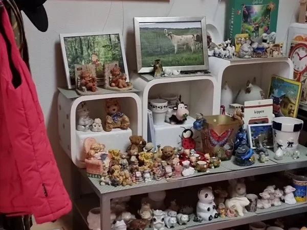 Uitgestalde verzameling knuffels, beeldjes en decoratieartikelen in planken en op een tafel