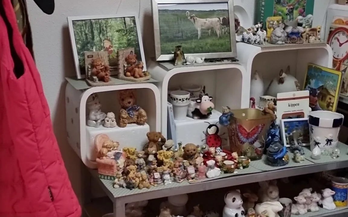 Uitgestalde verzameling knuffels, beeldjes en decoratieartikelen in planken en op een tafel