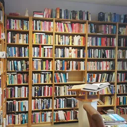 Uitgebreide boekenkasten met honderden tweedehands boeken in verschillende kleuren en genres