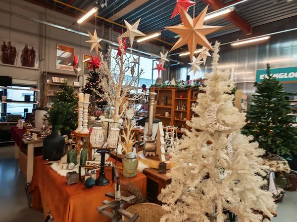 Kerstdecoratie uitgestald met witte kunstbomen, grote sterren en diverse huisraad op oranje tafels in de winkel