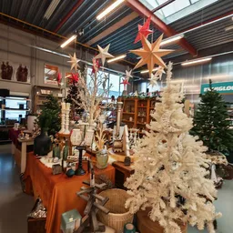 Kerstdecoratie uitgestald met witte kunstbomen, grote sterren en diverse huisraad op oranje tafels in de winkel