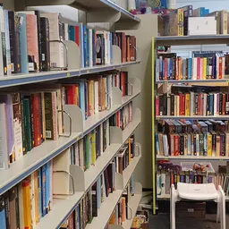 Metalen boekenkasten met boeken en dvd's netjes uitgestald in de winkel
