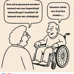 Cartoon-afbeelding van een man in rolstoel en een vrouw in gesprek