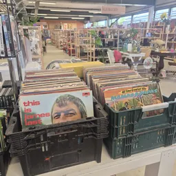 Zwarte plastic kratten met vinyl-LP's en platen in een kringloopwinkel