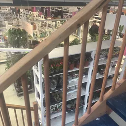 Plantenrekken op een balkon met uitzicht op de stad