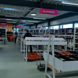 Overzicht van kringloopwinkel met witte stellingen, boekenrekken, diverse goederen en winkelgang met plafondbordje 'PLATENICD