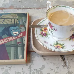 Kopje thee met bloemmotief op schotel naast een Russisch boek op houten tafel