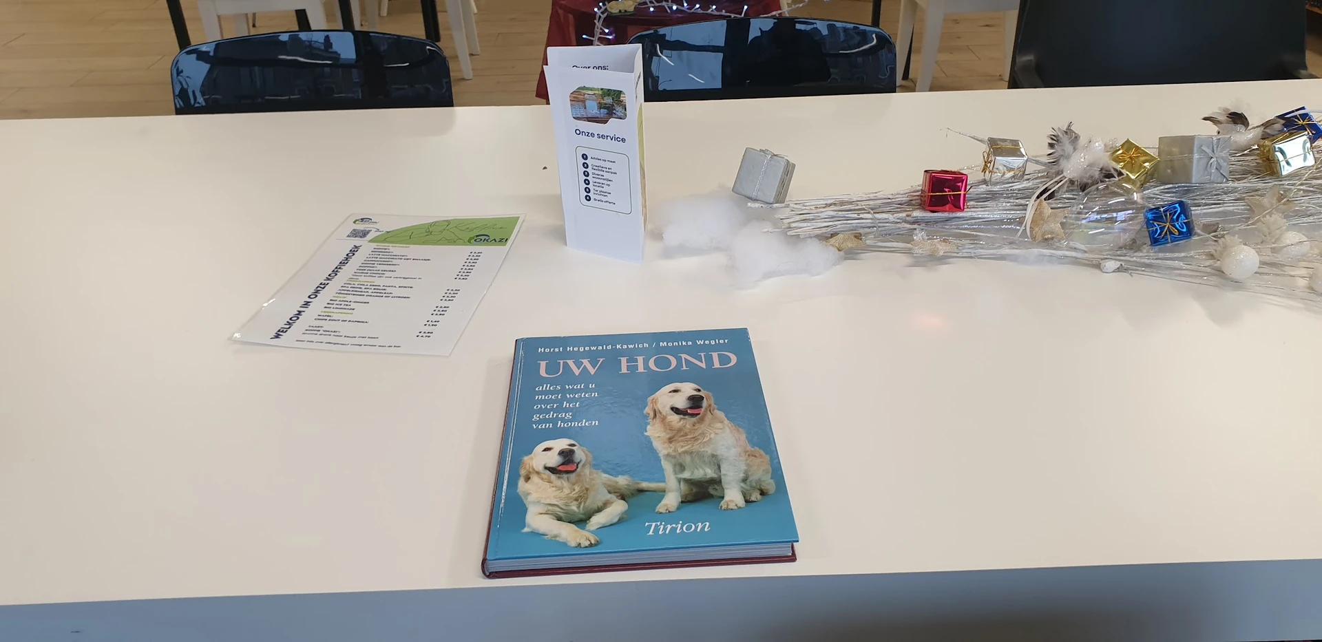 Tafel met tweedehands items: boek over honden, een brochure, decoratieve objecten en droogbloemen