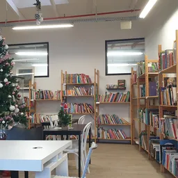 Binnenaanzicht van een kringloopwinkel met houten boekenkasten, een versierde kerstboom en leeshoek met tafel en stoelen