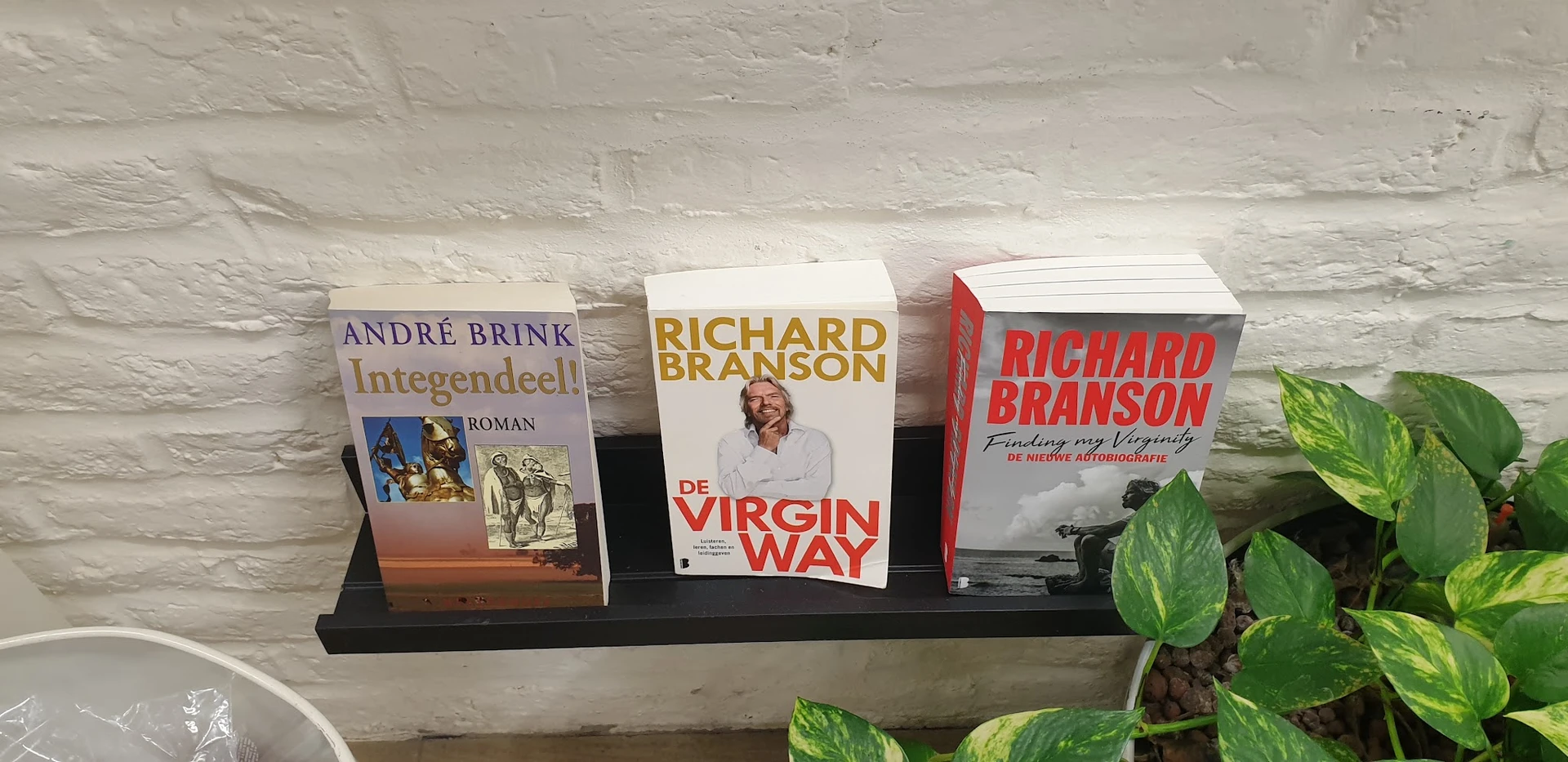 Drie boeken op een zwarte plank: 'Intengendeel' van André Brink, 'De Virgin Way' van Richard Branson en een boek van Richard 