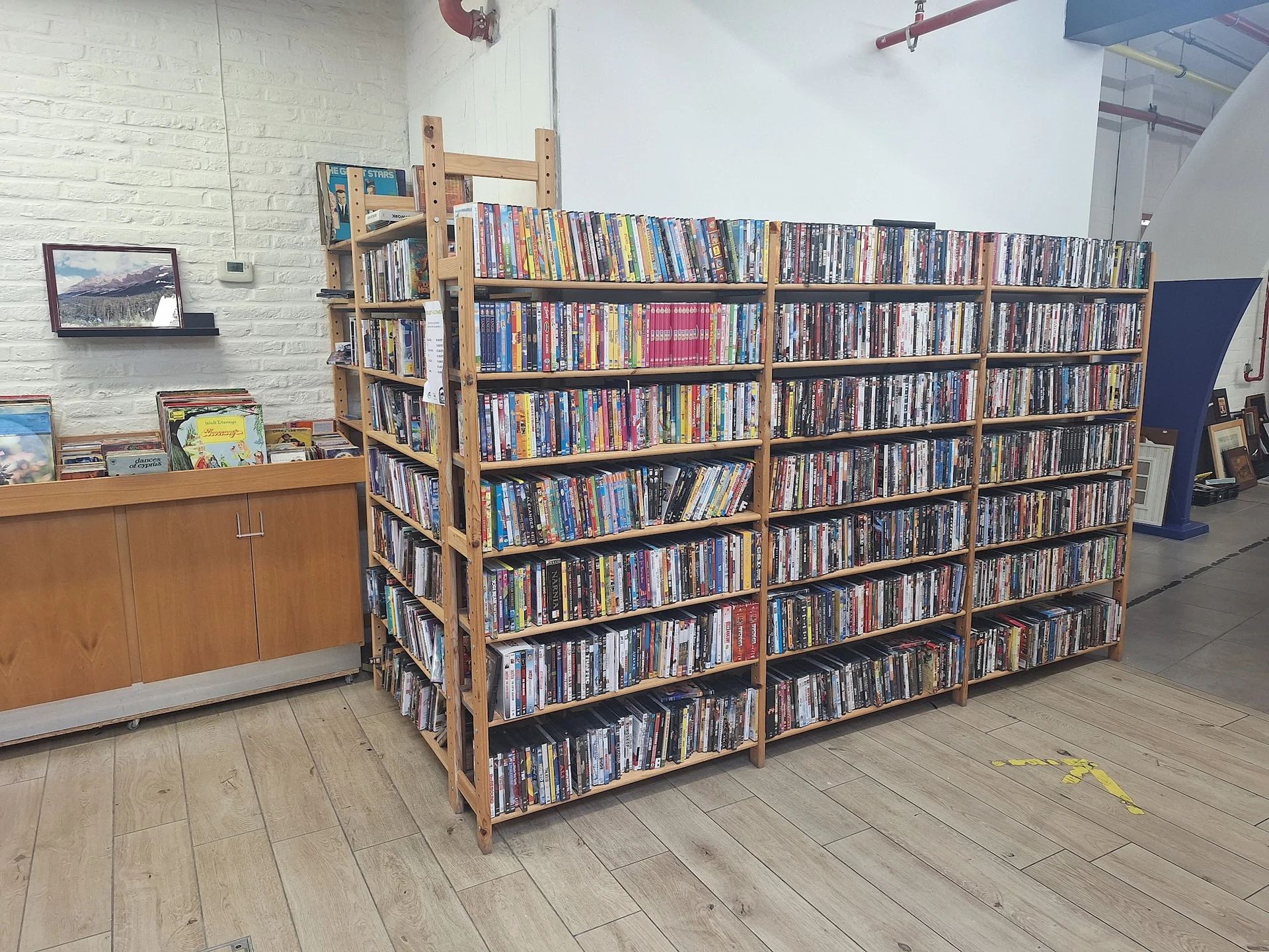 Grote houten boekenkast met honderden dvd's en blu-rays netjes gerangschikt in rijen