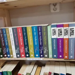 Boekenplank met verzameling tweedehands boeken, waaronder vele delen uit de Lodger-serie gerangschikt op kleur