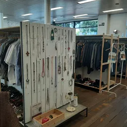 Rekken en displaystanders met tweedehands kleding en accessoires in de winkel