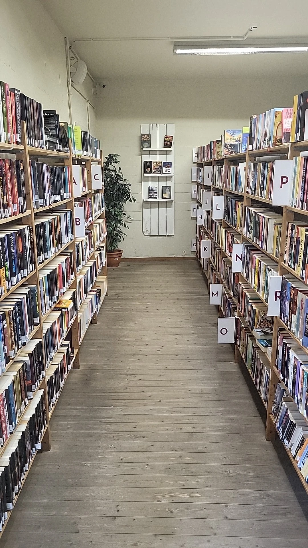 Gangetje tussen twee stellingen met boeken in een kringloopwinkel, met alfabetische markers (B, C, P, L, K, N, M, O) die de i