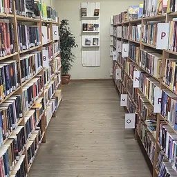 Gangetje tussen twee stellingen met boeken in een kringloopwinkel, met alfabetische markers (B, C, P, L, K, N, M, O) die de i