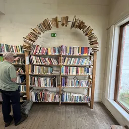 Boekenrekken met DVDs en boeken, met daaroven een decoratieve boekenslinger. Een klant bekijkt de collectie.