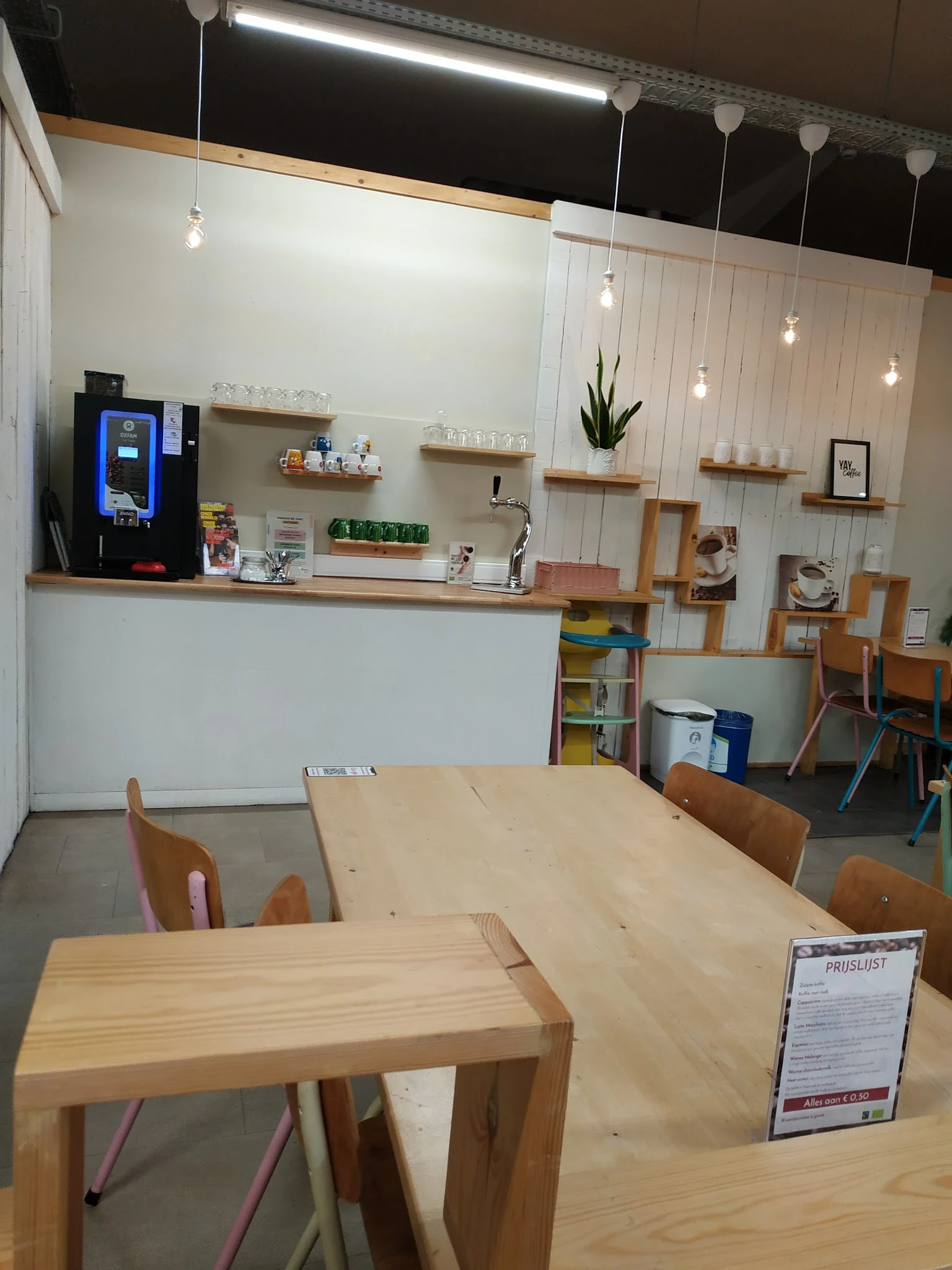 Kringloopwinkel interieur met houten tafels, stoelen, houten wandrekken, plantenbak en koffiemachine