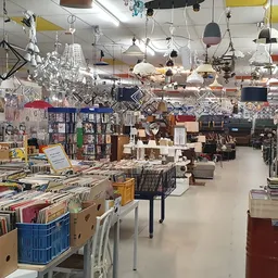 Winkelvloer van kringloopwinkel met diverse hanglampen, stellingen met boeken, meubels en spullen verspreid over de ruimte