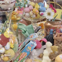 Vitrine met speelgoed, decoratiespullen en diverse huishoudartikelen in kringloopwinkel