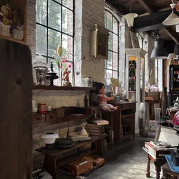 Interieur van kringloopwinkel met houten meubels, boekenrekken, decoratieve spullen en grote ramen met daglicht