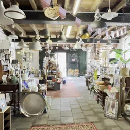 Binnenaanzicht van kringloopwinkel met stellingen, tafels met spullen, planten en decoratie aan het plafond