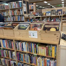 Houten stellingen met vinyl records en cd's uitgestald, inclusief afdeelkastje voor vinylcollectie