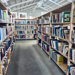 Boekenrekken met tweedehands boeken in een helderuit kringloopwinkel, zicht op stellingen langs het gangpad