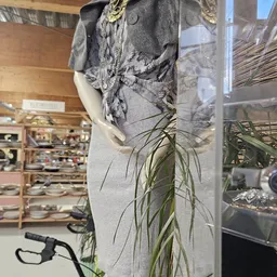 Winkelinterieur met etalagepop, hangende plant en stellingen met servies op de achtergrond