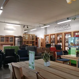 Winkelvloer met houten tafels, zithoeken met fauteuils, stellingen met kasten en opbergruimte, naam CURIOSA zichtbaar