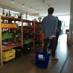 Mannelijk persoon met tas in kringloopwinkel tussen houten stellingen vol spullen