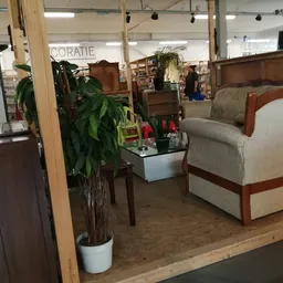 Winkelvloer met meubels, planten en huisraad in een kringloopwinkel