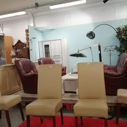 Winkelbinnenruimte met cremekleurige stoelen, bordeaux fauteuils en turquoise muur, stellingen en groene plant