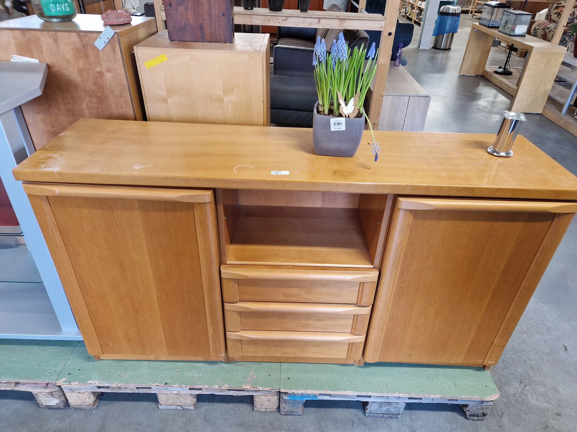 Houten dressoir met twee deuren en centrale lades, afgewerkt met een potplant en decoratie op het blad